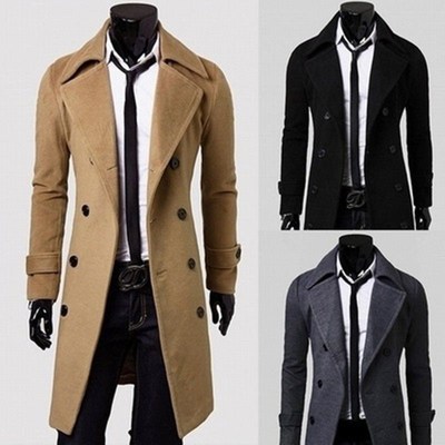 Men's Solid Color Trench Coat Slim Mid-length Double-Breaste