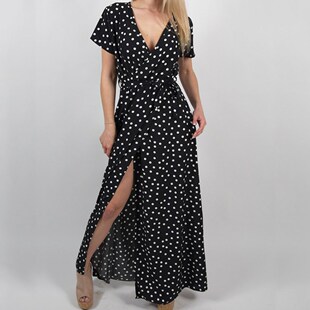 Boho Dress Dot Holiday Maxi Polka neck Shirt Long