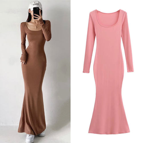 欧美纯色大圆领长袖鱼尾