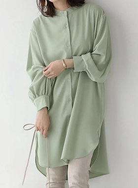 韩版港味秋季新款覆古文艺范立领白色单排扣前短后长宽松长袖衬衫
