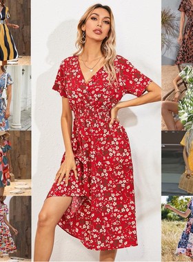 Summer women's small floral print short sleeved dress 连衣裙