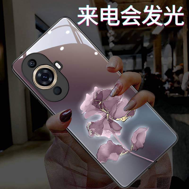 发光暗紫墨花适用华为nova12pro手机壳新款nova12/10/9/8/7女高端创意潮牌玻璃时尚简约全包套P60/50/40/30