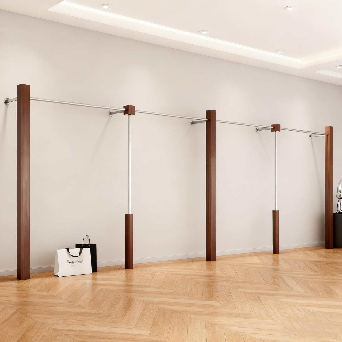 服装店展示架上墙胡桃木纹女装店货架不锈钢陈列架落地式挂衣杆