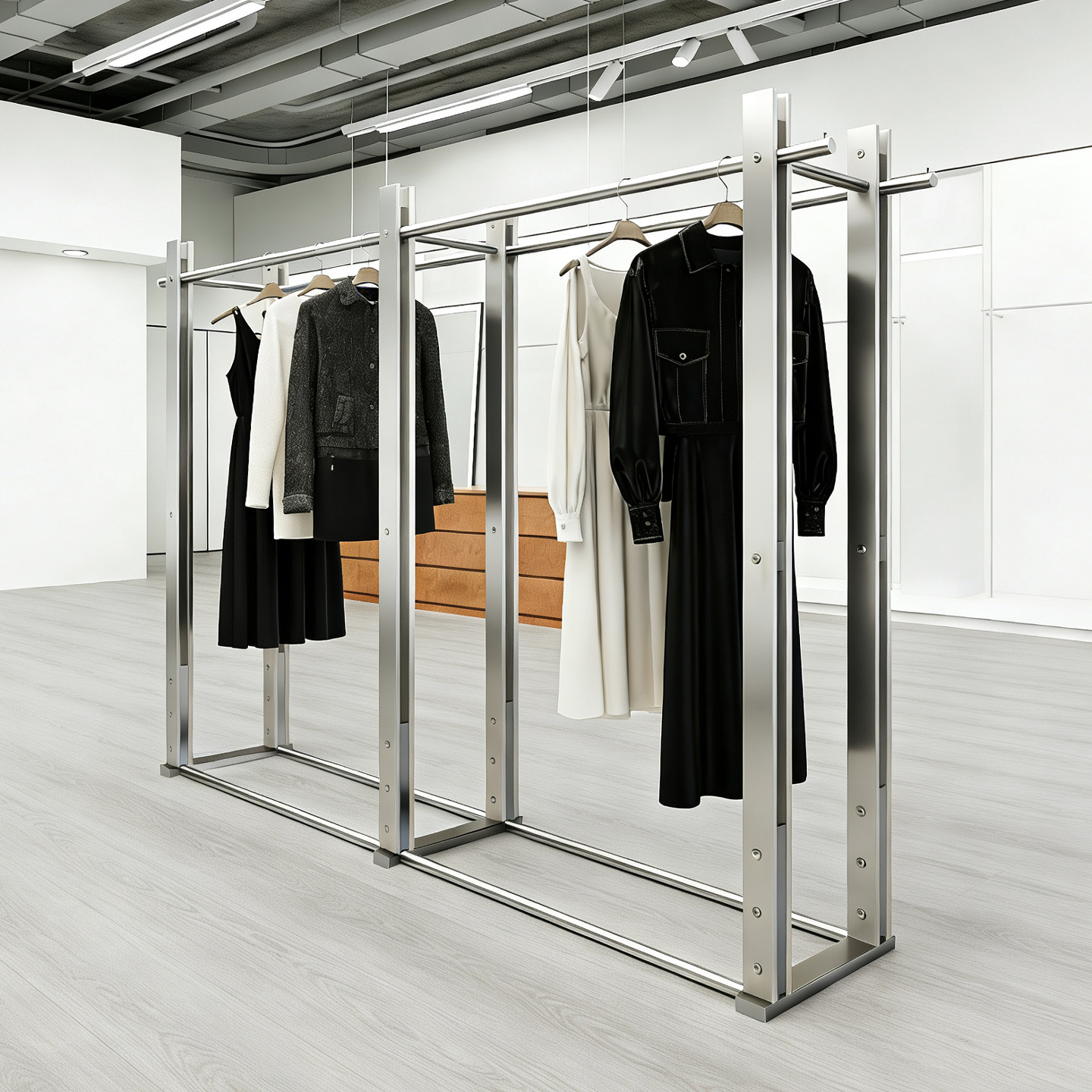 高档服装店中岛架双排不锈钢展示架落地式陈列挂衣货架桦木海洋板