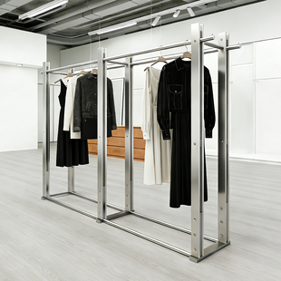 高档服装店中岛架双排不锈钢展示架落地式陈列挂衣货架桦木海洋板