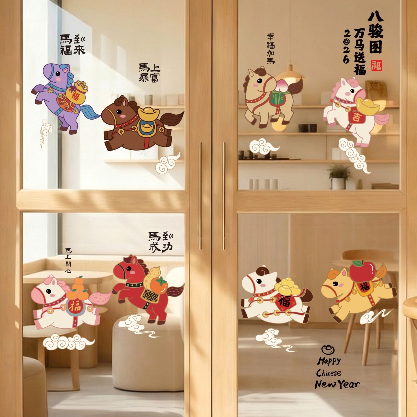 2026马年新年春节装饰静电贴窗贴玻璃门贴纸窗花贴画过年氛围布置