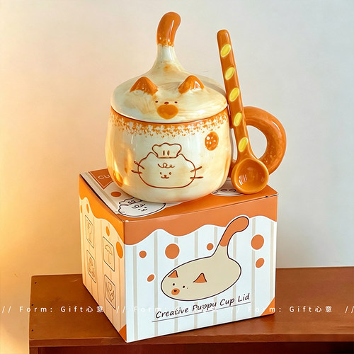 可爱手绘猫咪陶瓷马克杯带盖带勺
