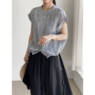 2599 衬衫 韩系小众气质显瘦木耳边小衫 女高级感宽松显瘦无袖