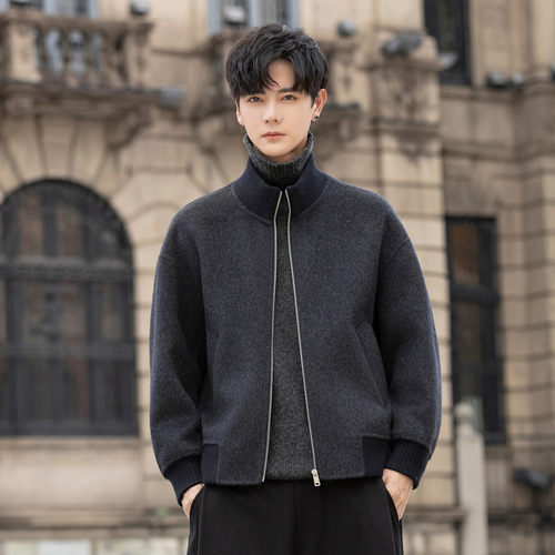 毛呢外套男休闲高端短款双面呢子羊毛大衣立领夹克7899-p315控549