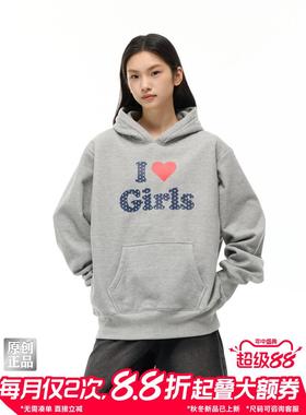 SAME OLD浅灰色加绒潮牌宽松“I love girls”标语女美式情侣卫衣