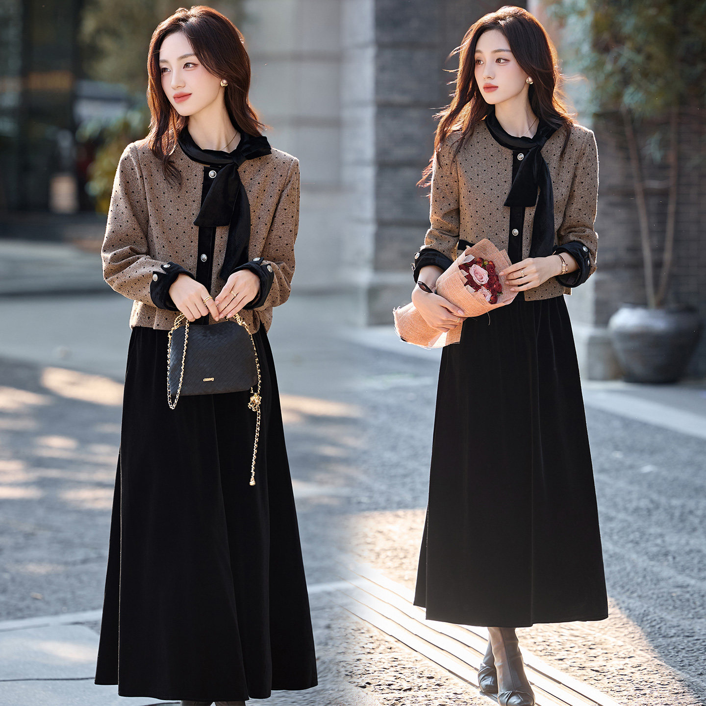 现货设计感蝴蝶结圆领上衣女时髦小香名媛风两件套套装裙