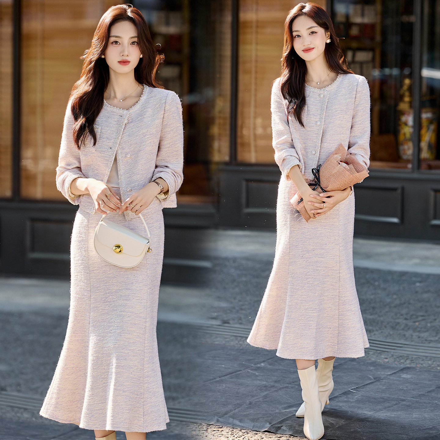 现货浅紫色鱼尾裙套装女时髦小香名媛风两件套