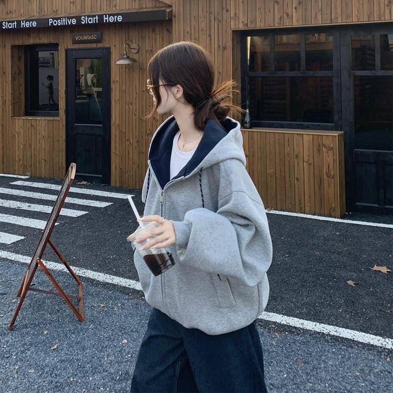 重磅纯棉灰色连帽开衫外套女2025秋冬新款加绒加厚设计感卫衣帽衫