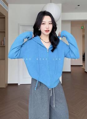 KEKE【听风格】蓝色时尚百搭连帽宽松韩系休闲开衫带帽毛衣外套女