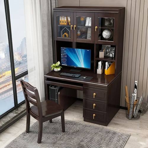 新中式全实木书桌书架一体家用电脑桌书柜办公桌书房家具套装组合