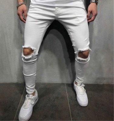 autumn white sweat pants men jeans man Knee holes trousers