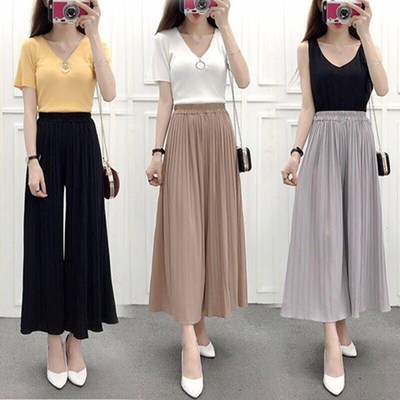 women wide-leg trousers pleated chiffon loose skirts pants
