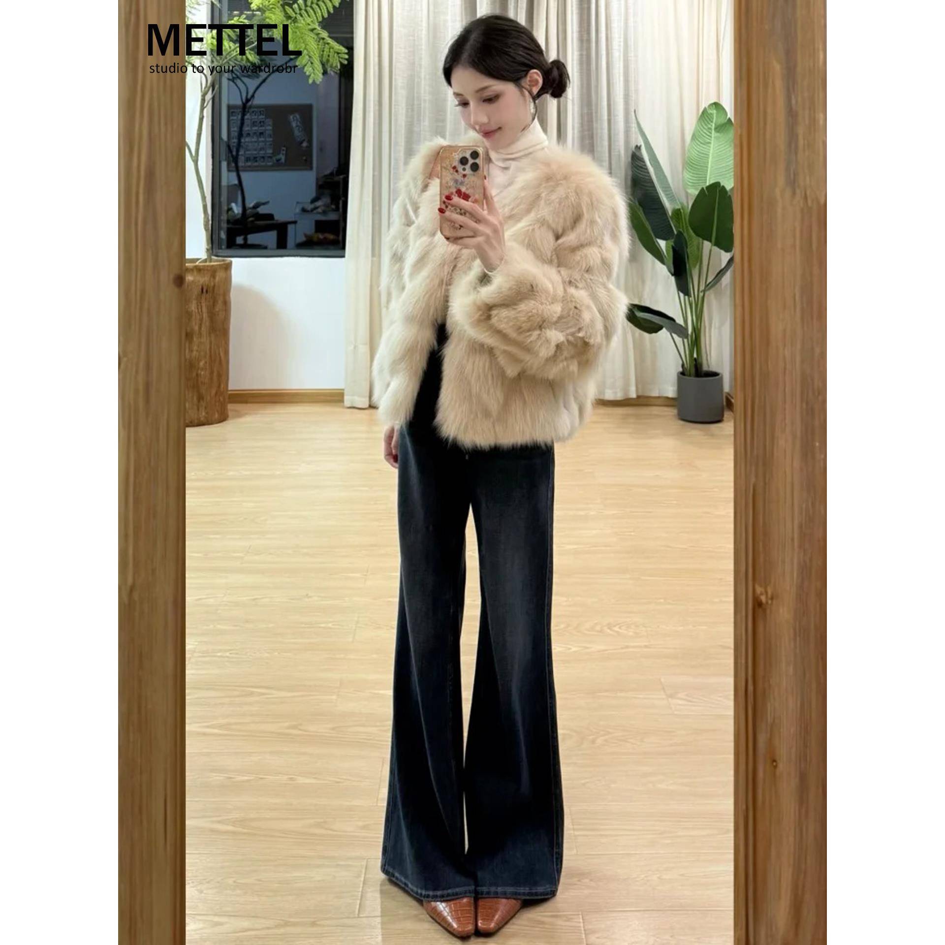 蓝灰色加绒微喇牛仔裤女2025秋季新款高腰显瘦小个子不贴腿喇叭裤