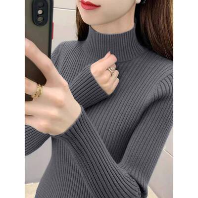 深灰色半高领毛衣修身内搭打底上衣加厚款长袖针织衫春季新款女装