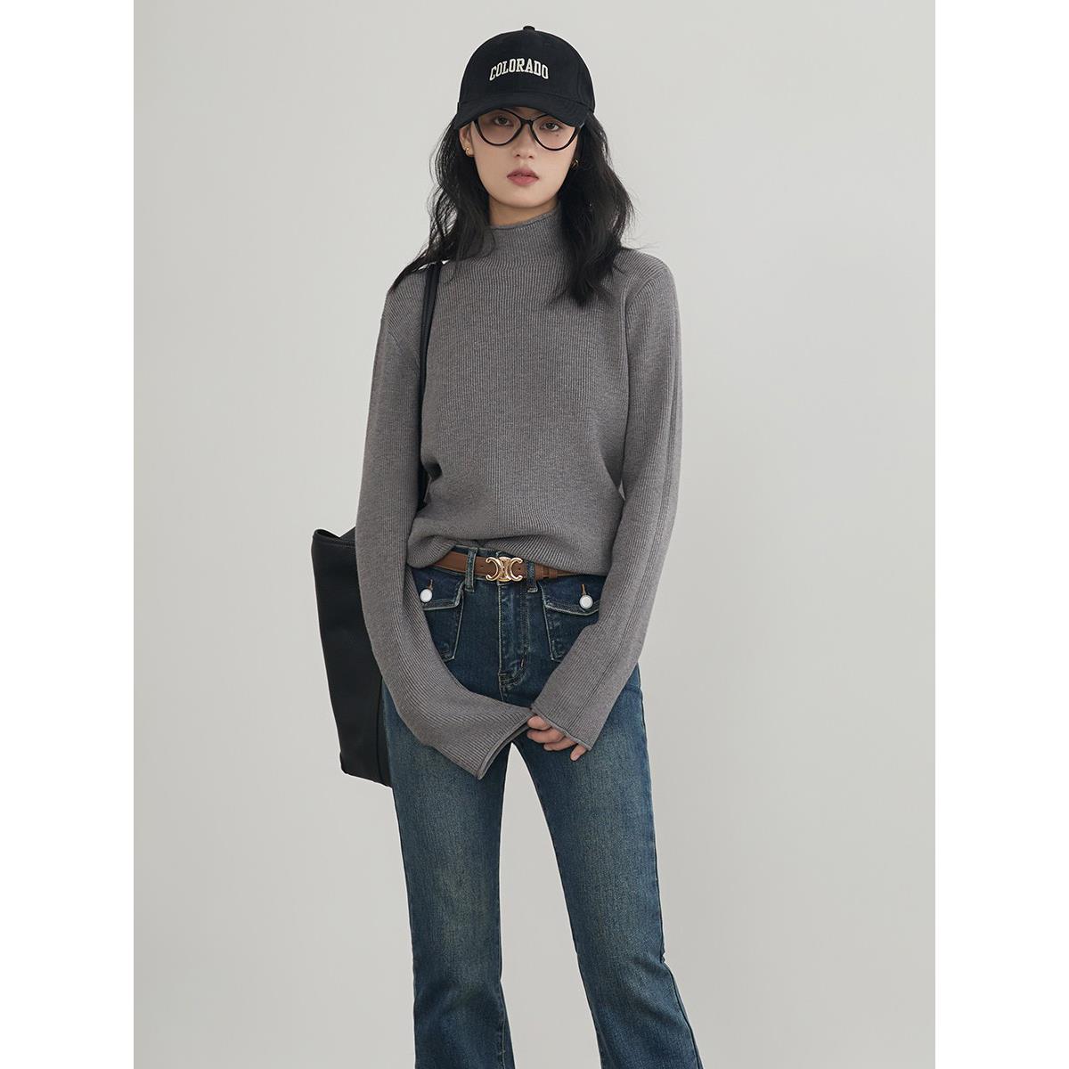 半高领毛衣女秋冬宽松内搭厚实保暖灰色针织衫纯色中领毛衣打底衫