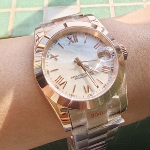 NH35全玫金抛光圈机械手表男女36mm罗马字贝母表盘三板带防水表