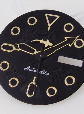 NH36双历黑色手表盘金色刻度龙图案绿夜光黑色鲨鱼指针改装配件