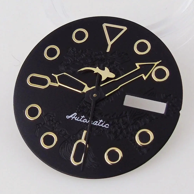 NH36双历黑色手表盘金色刻度龙图案绿夜光黑色鲨鱼指针改装配件