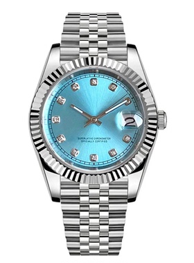 蓝色带钻盘机械手表39mm NH35机芯狗牙日志款100米防水五珠链钢带