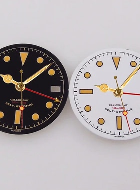 29mm nh34 复古手表盘gmt 黄色刻度白字面无标红色针适合亚克力表