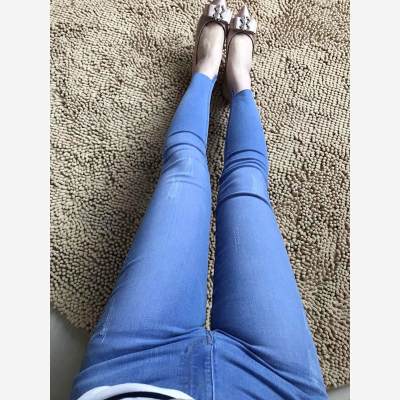 春夏新款溴靛蓝脚口抓痕磨白纽扣