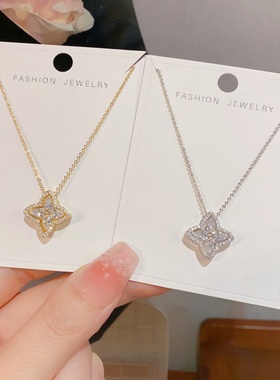 轻奢满钻四叶花设计感吊坠项链