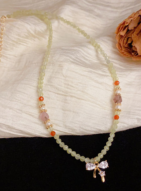 夏季绿色猫眼石珠串珠蝴蝶结项链