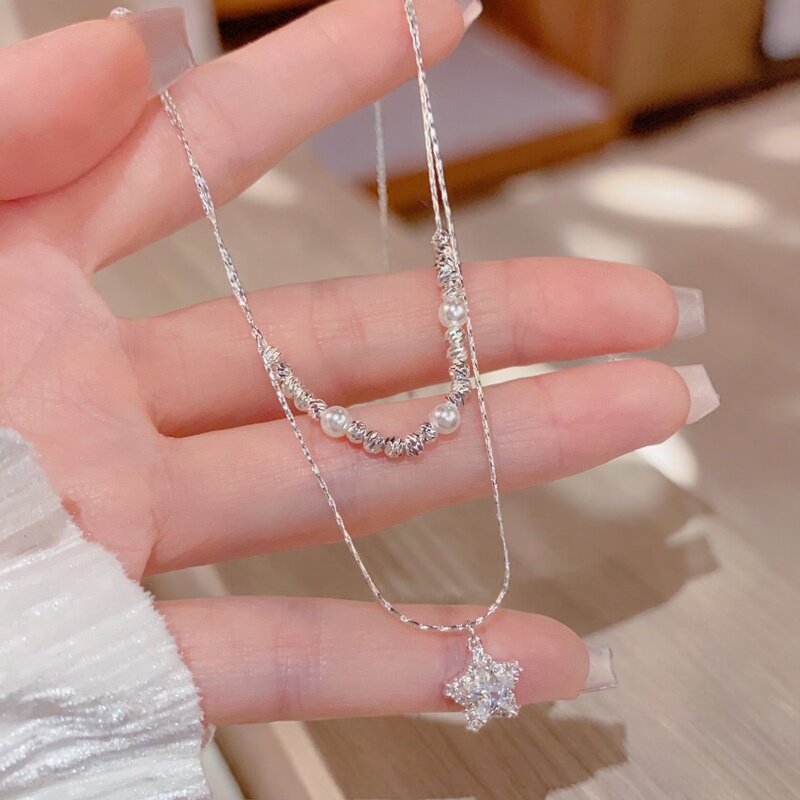 欧美跨境厚银精致时尚轻奢双层锆石星星项链百搭感超闪锁骨链