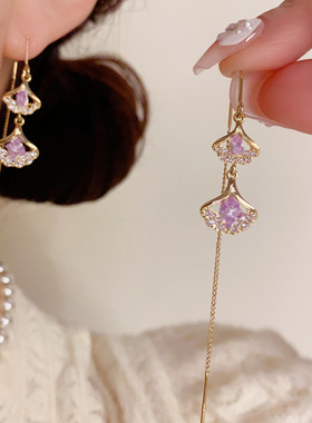 小众轻奢时尚小清新紫色银杏叶流苏耳线精致甜美百搭设计感耳环女