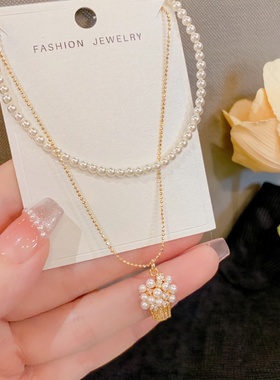 轻奢小众满钻小花篮珍珠双层项链