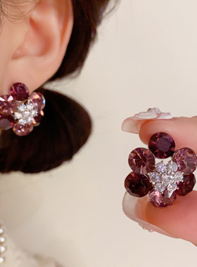 轻奢时尚感紫色锆石花朵耳钉女s925银针气质百搭超闪耳环