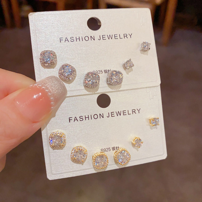 日韩精致时尚百搭满钻方形三件套耳钉小众气质简约设计感超闪耳环