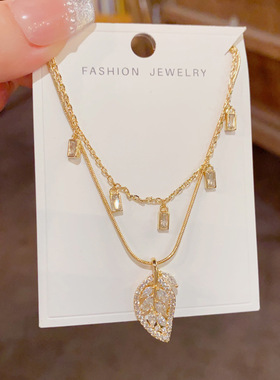 轻奢感镶钻双层叠戴树叶流苏项链