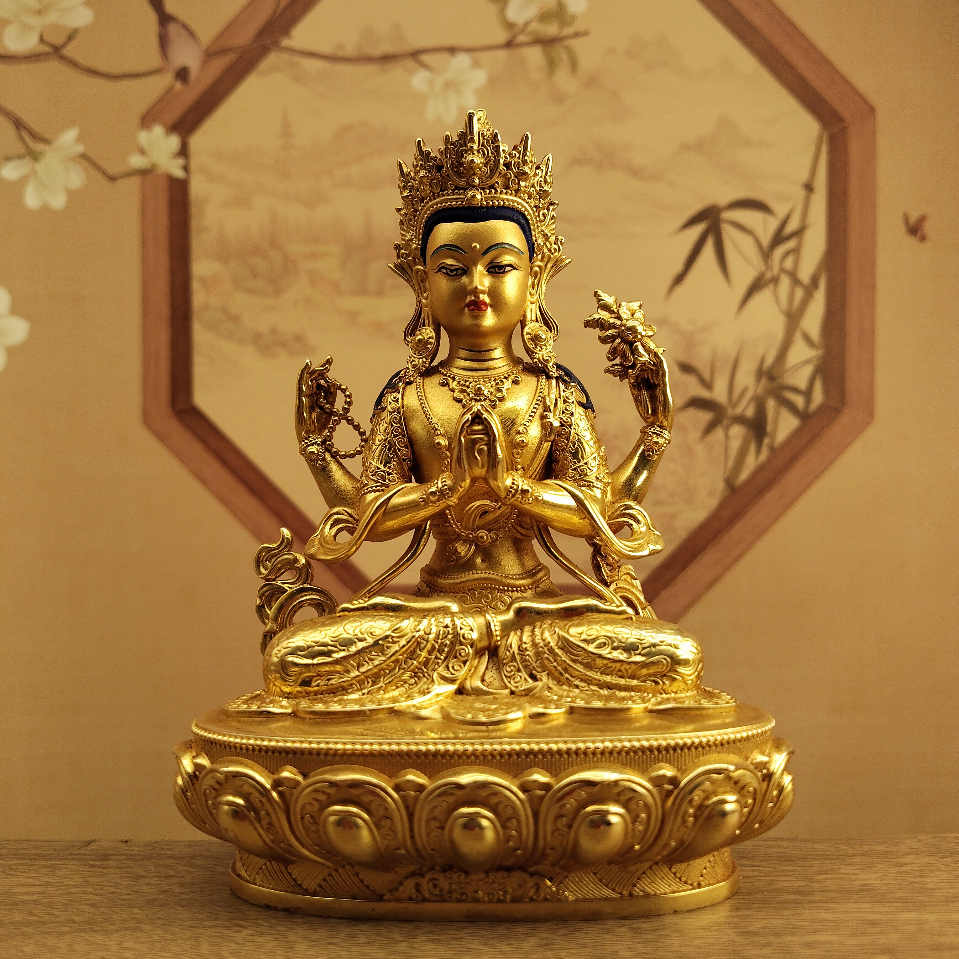 藏传密宗黄铜画脸四臂观音佛像居家摆件车载随身小铜像佛堂寺庙供