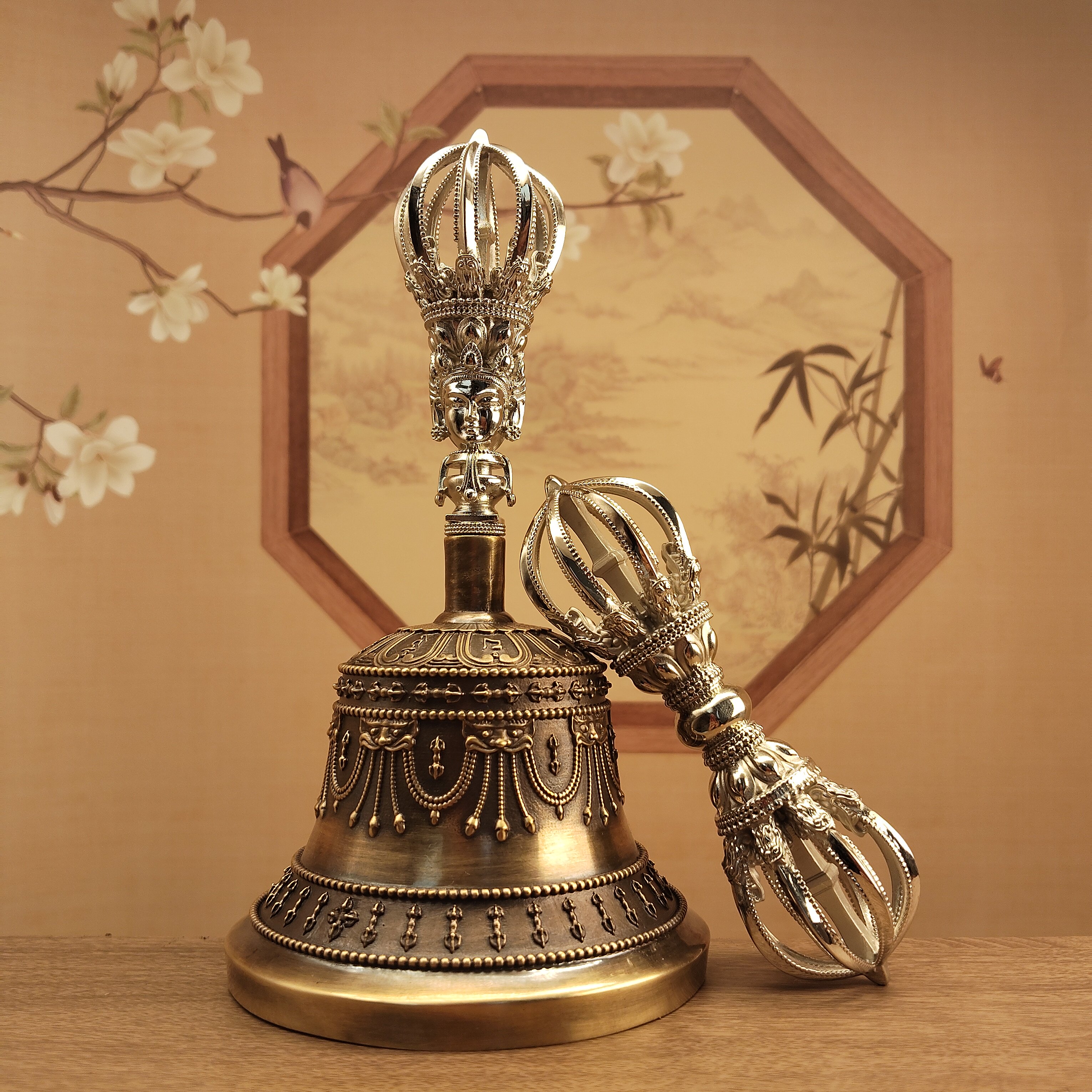 尼泊尔工艺白铜九股金刚杵铃杵居家摆件声音清脆响亮佛堂寺庙供