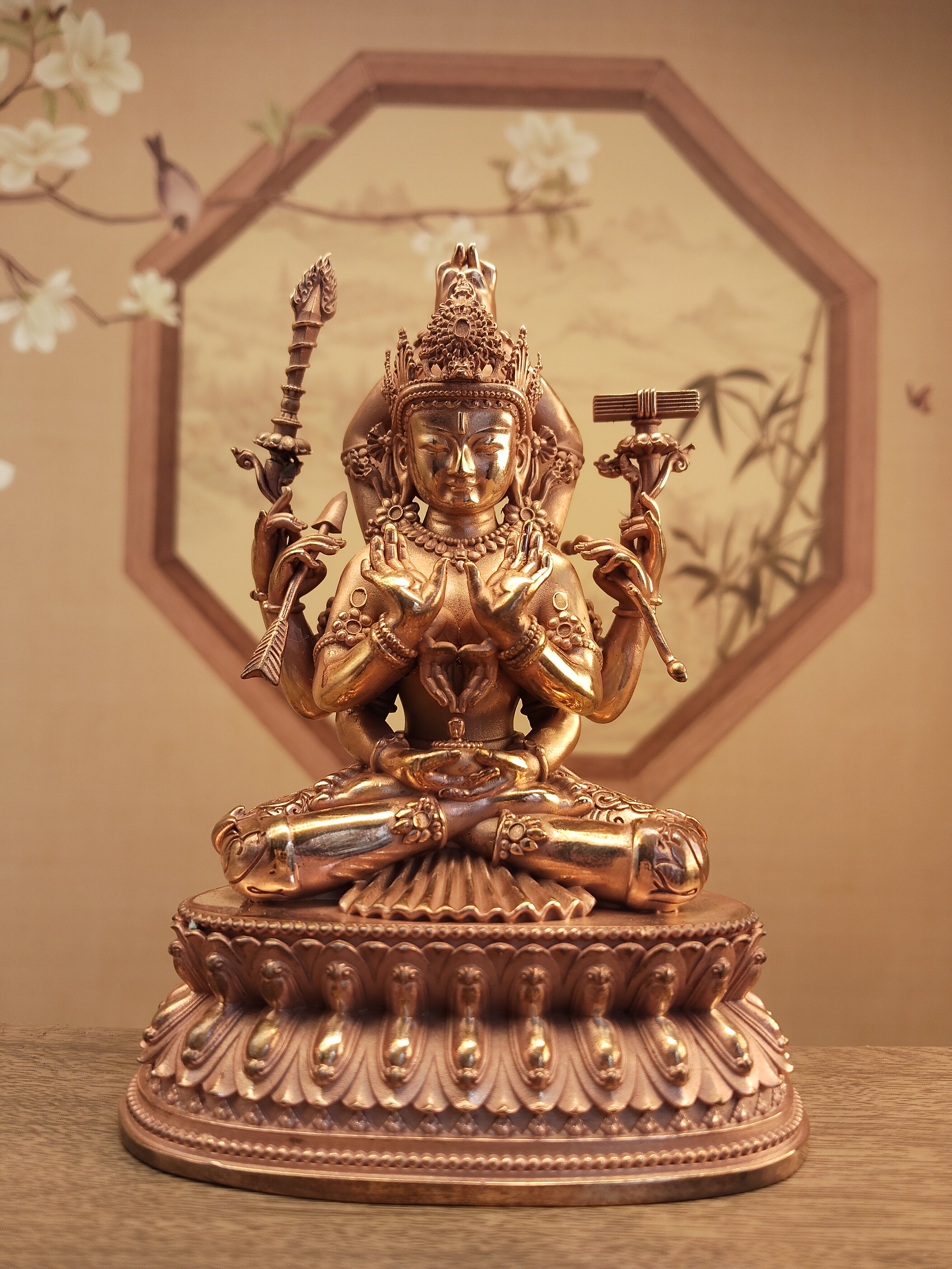 紫铜精工十二臂文殊菩萨佛像居家摆件车载随身小铜像佛堂寺庙供奉
