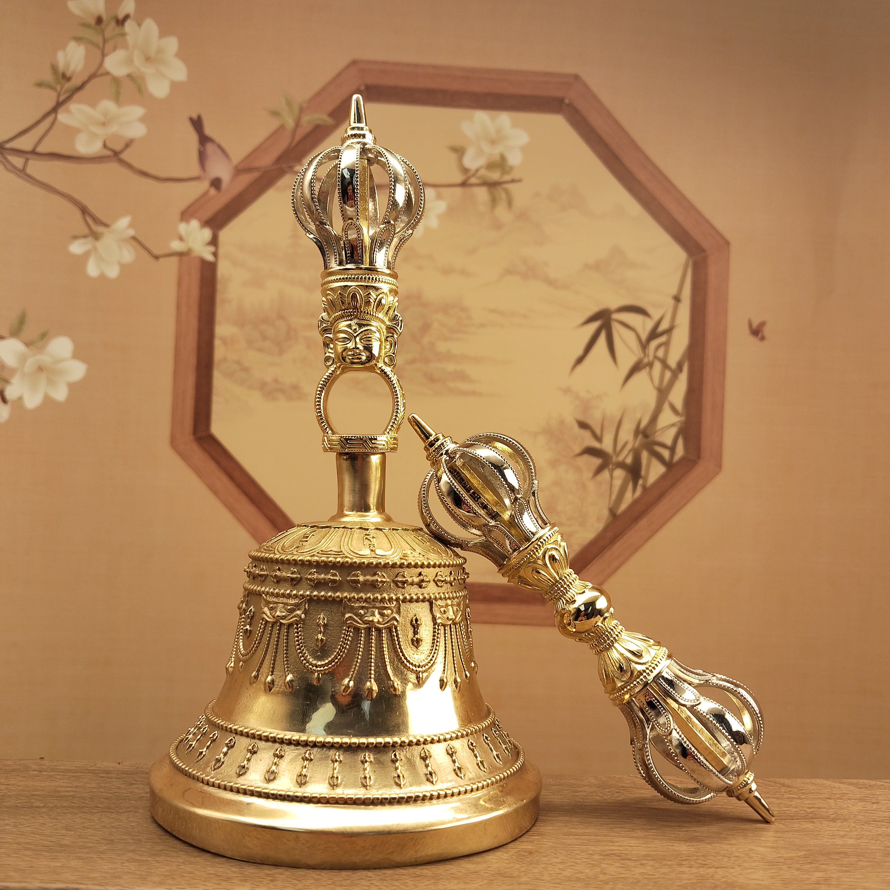 藏传密宗白铜黄铜双色九股金刚铃杵居家摆件佛堂寺庙供奉供具