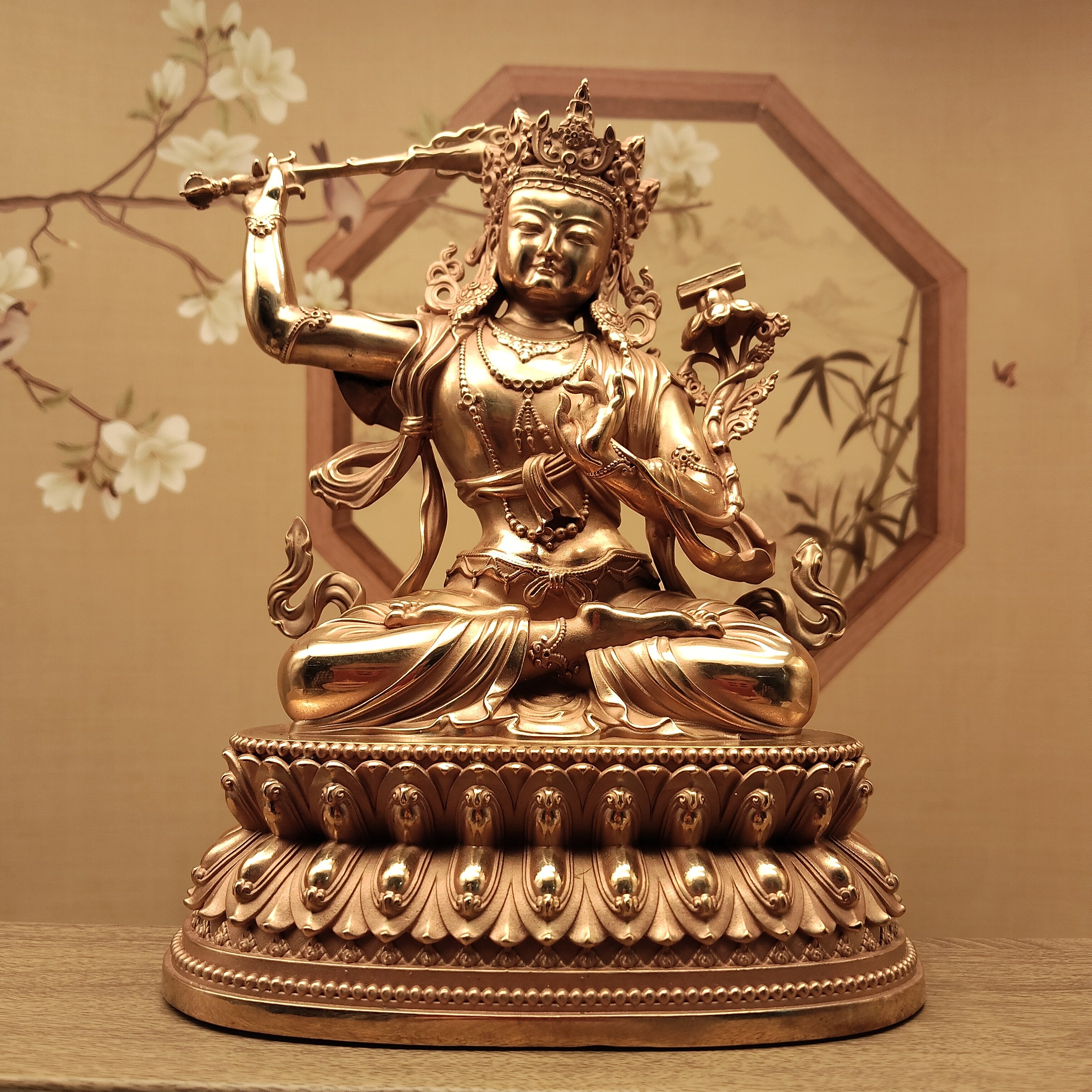 藏传密宗紫铜20公分举剑文殊二臂文殊菩萨佛像居家摆件佛堂寺庙