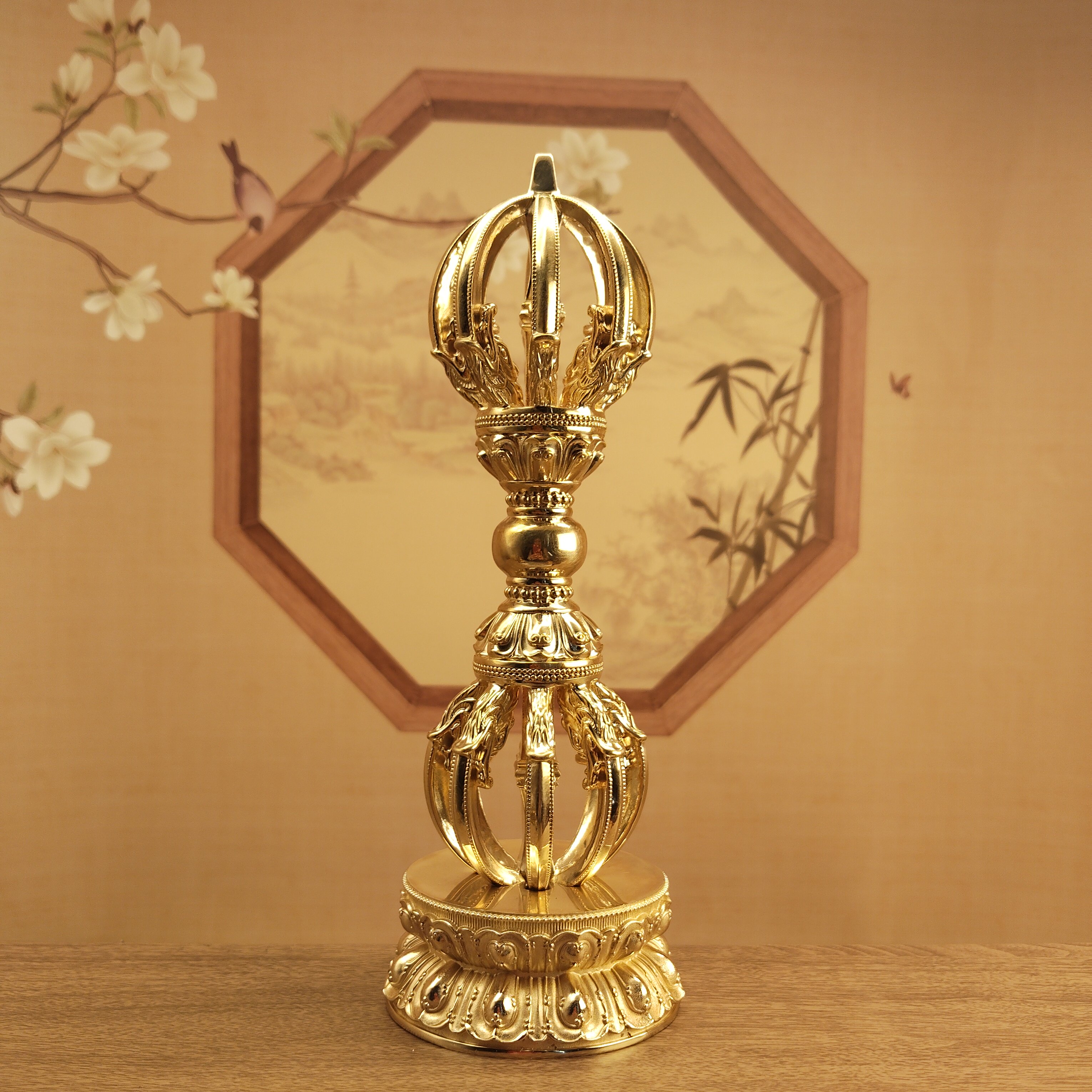 尼泊尔工艺黄铜精工精抛九股金刚杵手把件带底座家居摆件佛堂寺庙