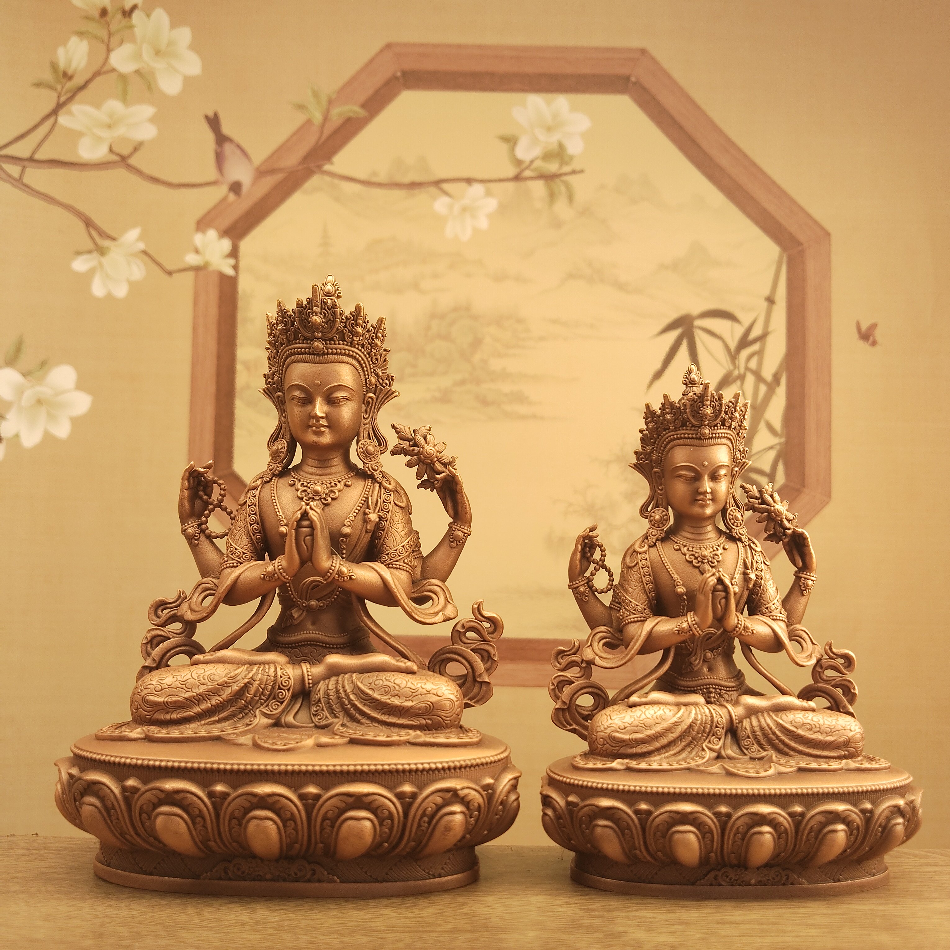 藏传密宗紫铜做旧四臂观音佛像居家摆件车载随身小铜像佛堂寺庙供