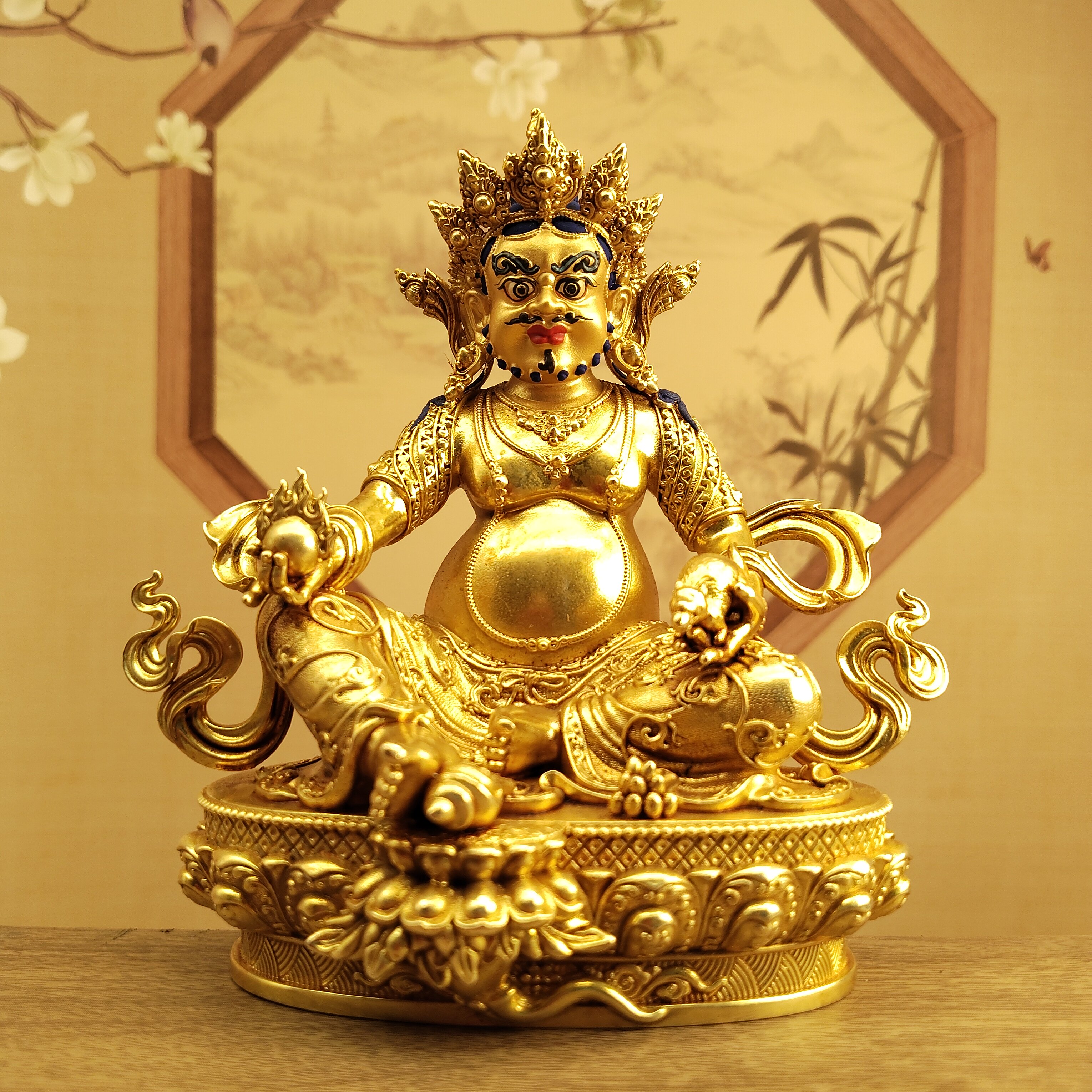 尼泊尔工艺黄铜画脸黄财神佛像居家摆件车载随身小铜像佛堂寺庙供