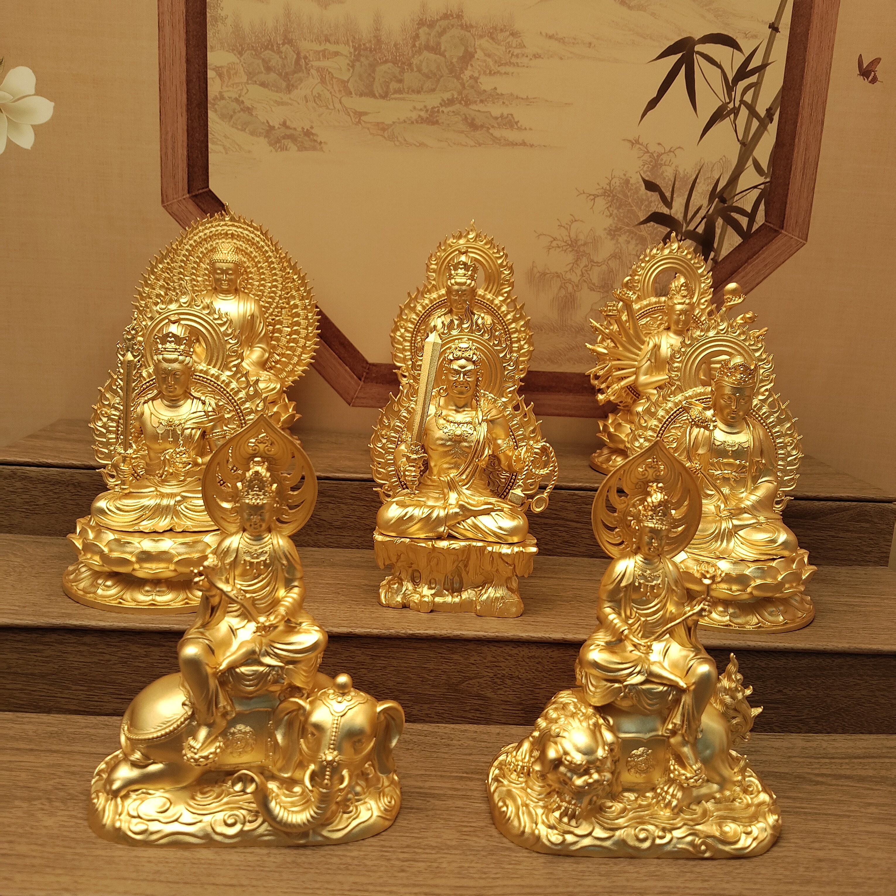 尼泊尔工艺铜镀真金三寸八大守护神佛像家居摆件桌面佛堂寺庙供具