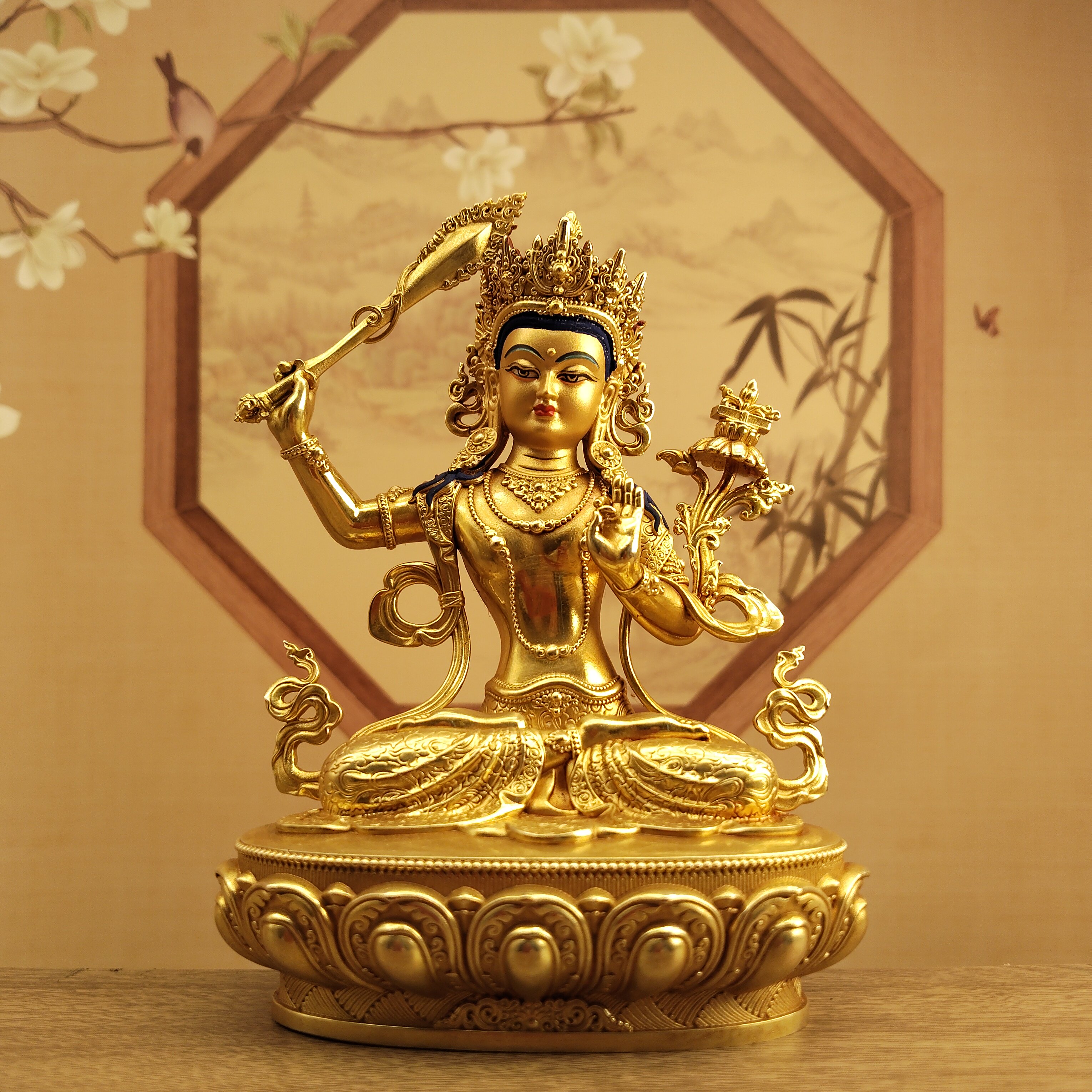藏式黄铜画脸文殊菩萨佛像居家摆件车载随身小铜像佛堂寺庙供桌面