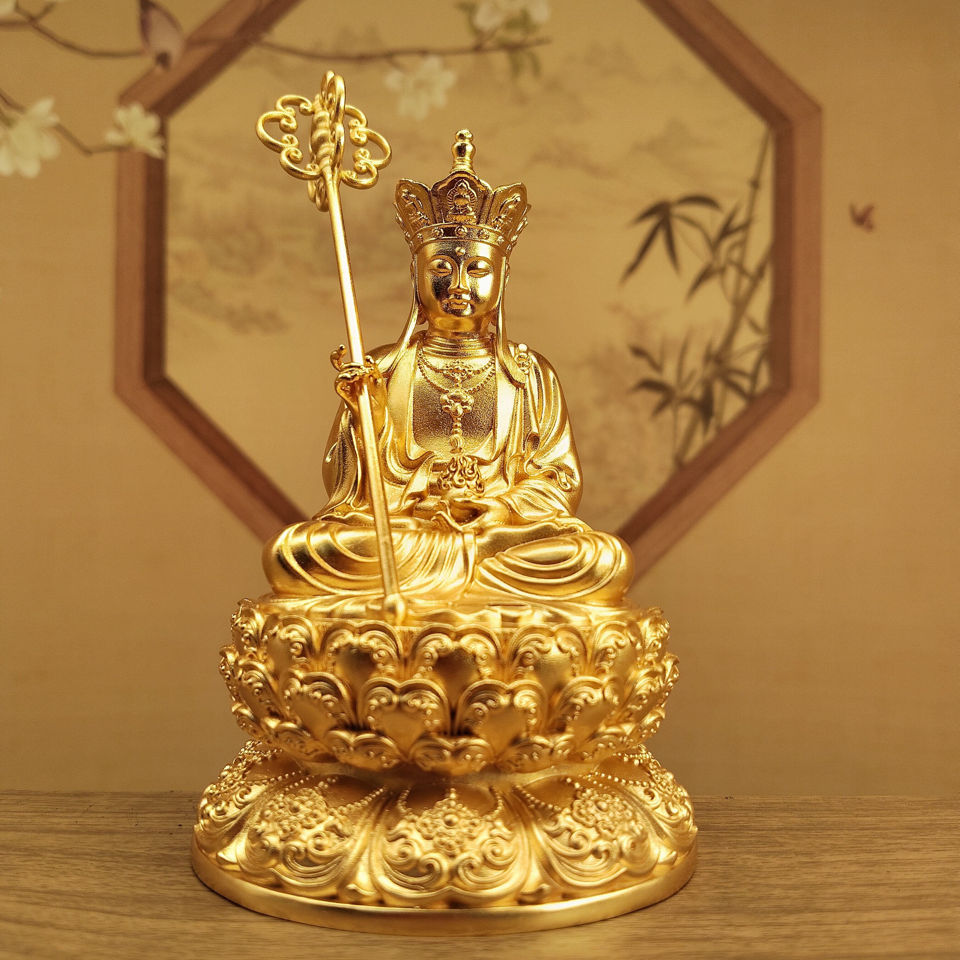 汉传铜镀金三寸九华山同款地藏王菩萨居家摆件车载随身铜像事业顺