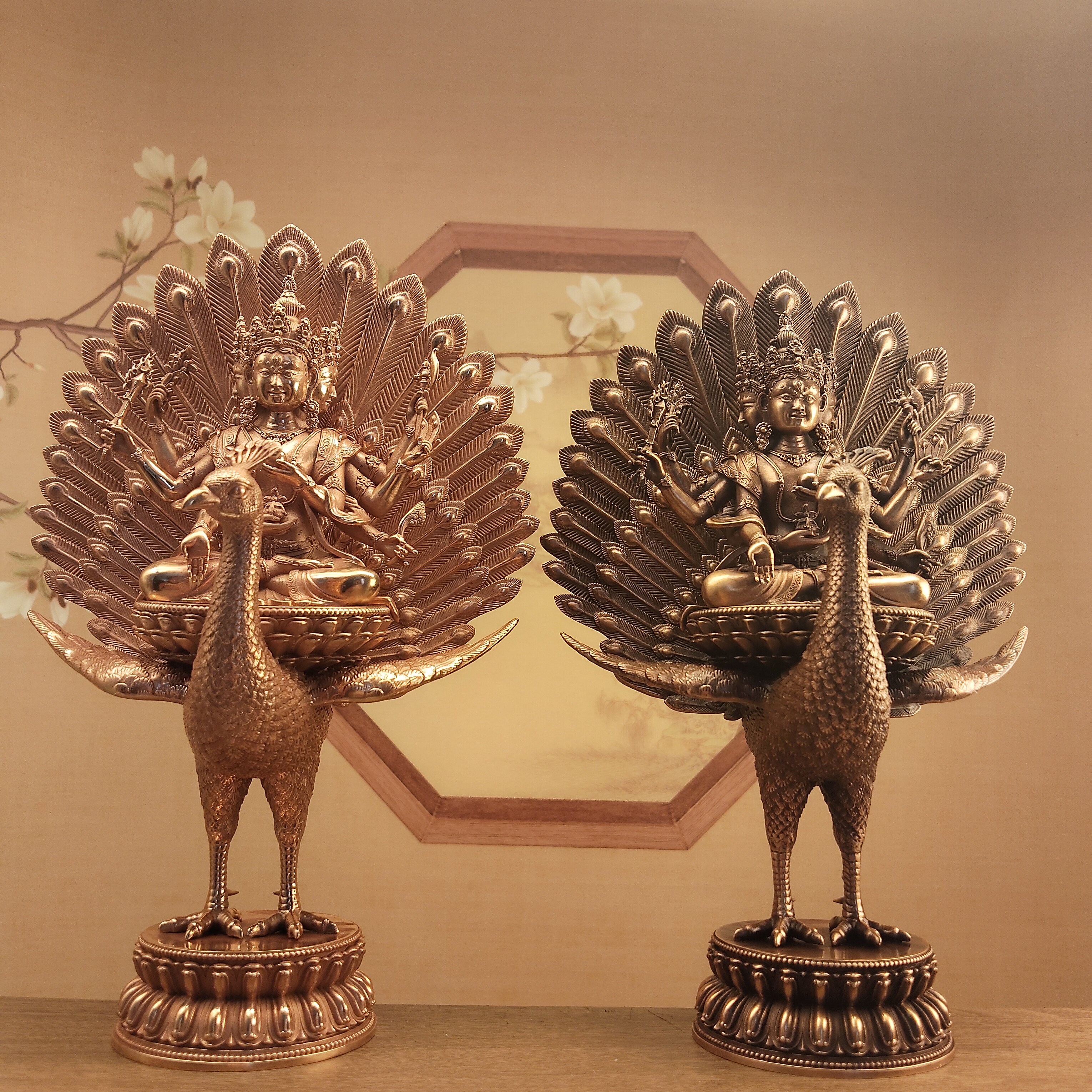 尼泊尔工艺紫铜20厘米孔雀明王像居家摆件佛堂寺庙供桌面车载随身